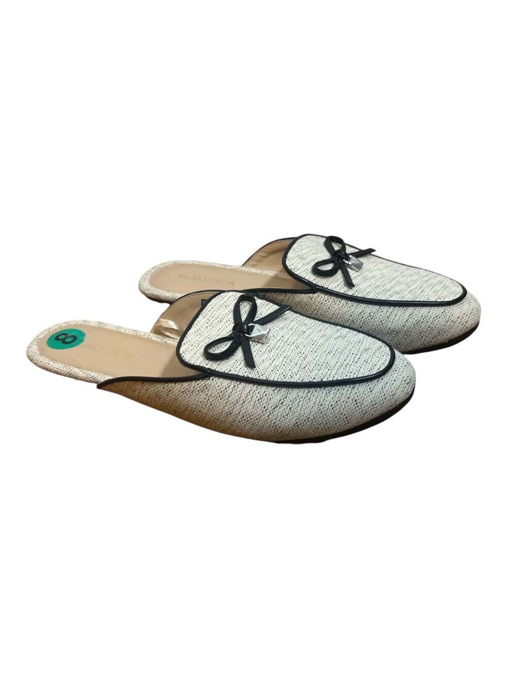 Nautica Women's Cream Woven Mules with Black Trim and Bow Detail